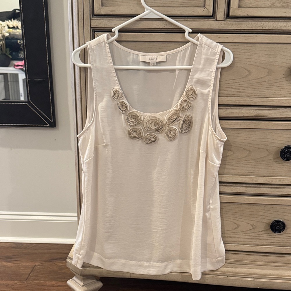 LOFT Ivory Sleeveless Blouse with Floral Accents